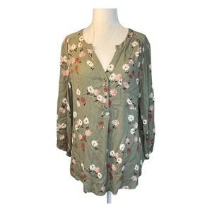 Market & Spruce Floral Print Blouse Green Pink Henley Long Sleeve V-Neck M